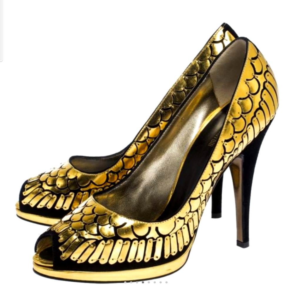 Showstopping Gold Black Suede ROBERTO CAVALLI Peeptoe Metallic Stiletto Pump 39